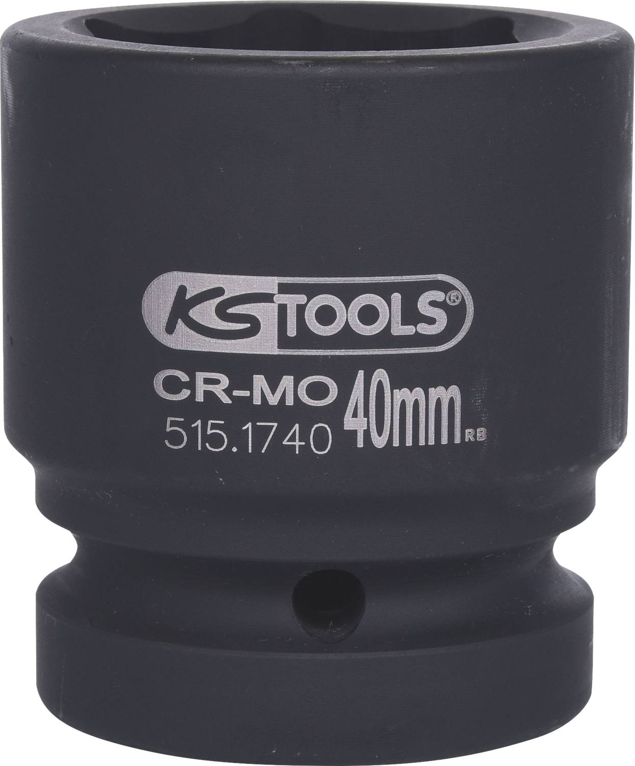 Eine schwarze Stecknuss von KS Tools mit der Beschriftung 'CR-MO 40 mm' und '515.1740 RB'. Sie ist zylindrisch und robust gestaltet.