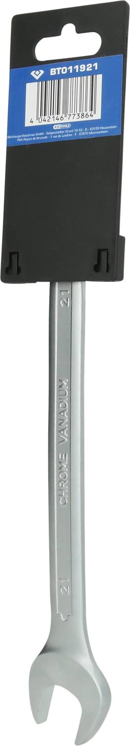 'Chrom-Vanadium-Schraubenschlüssel Größe 22 mm, auf schwarzem Kartonhalter mit blauem Etikett und Barcode.'