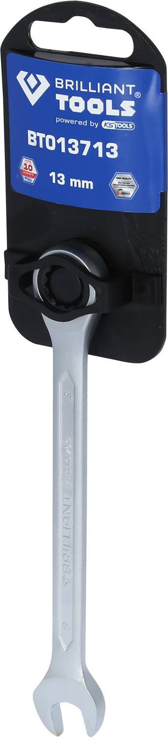 Ein 13 mm Schraubenschlüssel von Brilliant Tools, Modell BT013713, auf einer schwarzen Verpackung mit Markenlogo und Beschreibung.