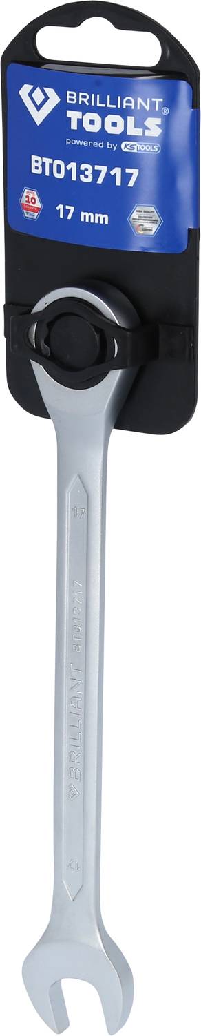 Ein silberner Maulschlüssel von "Brilliant Tools" in der Größe 17 mm, verpackt in einer schwarzen Halterung.