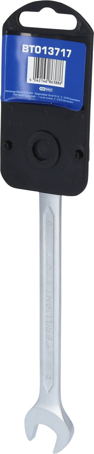 Ein silberner Schraubenschlüssel mit offenem Maul, befestigt an einer schwarzen Halterung aus Kunststoff mit blauem Etikett und Barcode.