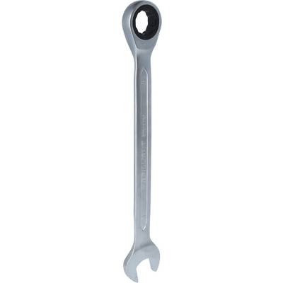 Silberfarbener Gabelschlüssel mit Ratschenmechanismus und schwarzem Kopf. Geeignet für verschiedene Schraubengrößen. Ideal für Mechaniker.