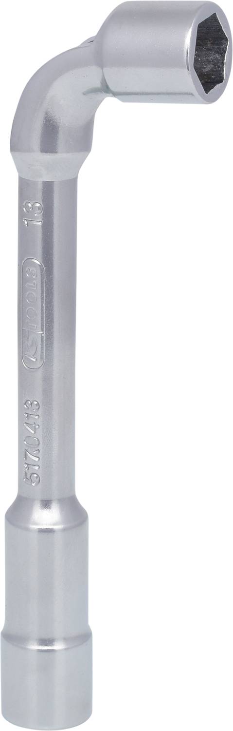Ein Winkelschraubenschlüssel aus Metall mit sechseckiger Öffnung an einem Ende und einem abgewinkelten Griff. Geeignet für schwer zugängliche Stellen.