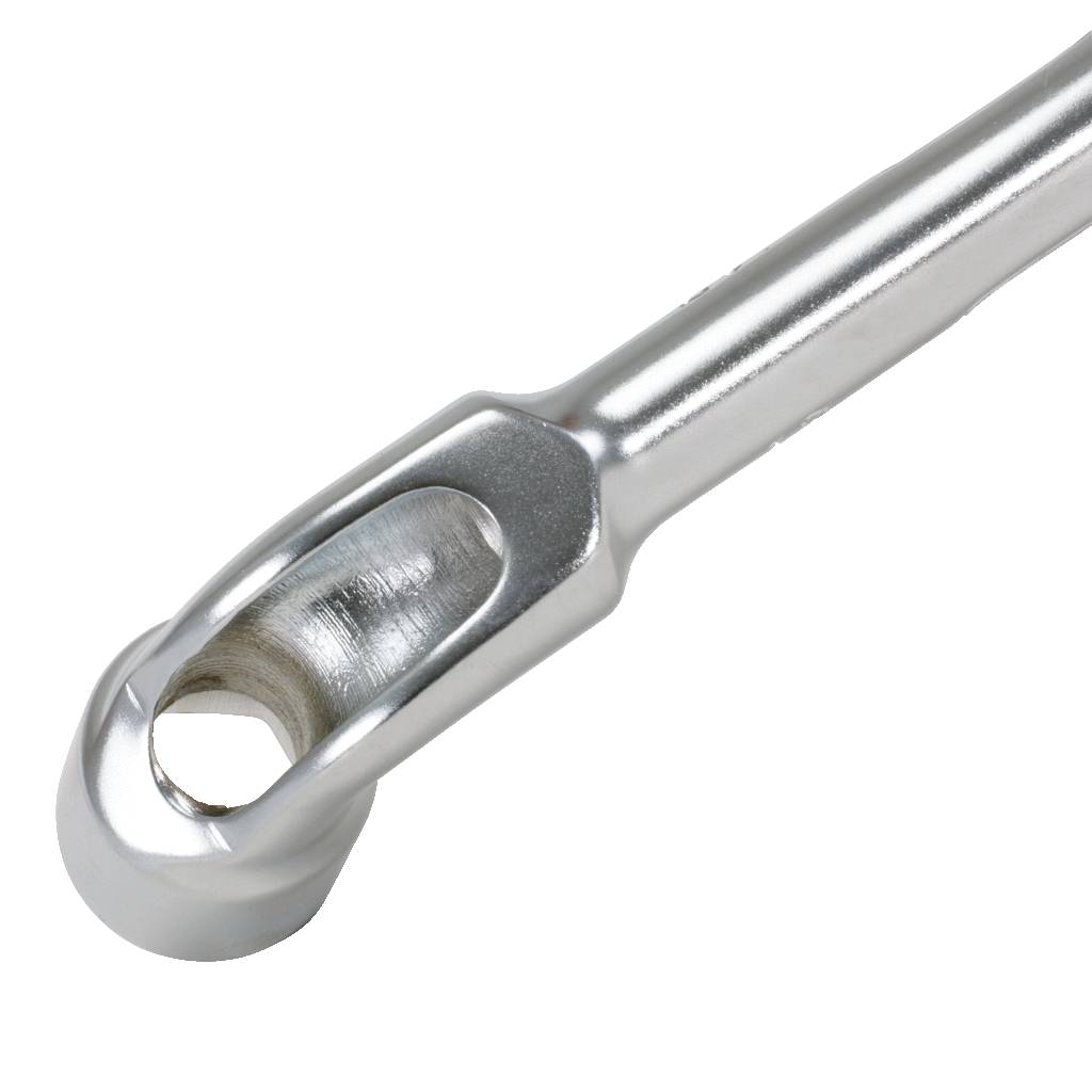 Silberfarbener Gabelschlüssel mit offenem Ende in Nahaufnahme. Glänzende Metalloberfläche und modernes Design.