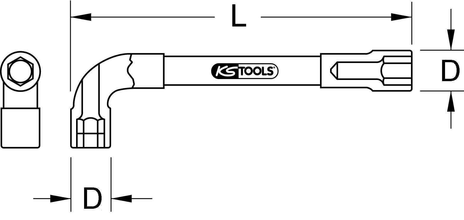 Abgebildet ist ein L-förmiger Schraubenschlüssel mit den Maßen 'L' und 'D'. Links eine Endansicht. Werkzeug ist von 'KS Tools'.