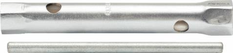 Zwei silberne Metallwerkzeuge: Oben ein zylinderförmiger Schraubenschlüssel mit seitlichen Löchern, unten eine gerade Stange.