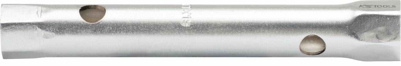 Schlüsselrohr: Metallischer Zylinder mit Löchern und abgeflachten Enden, verwendet als Werkzeug oder Ersatzteil.