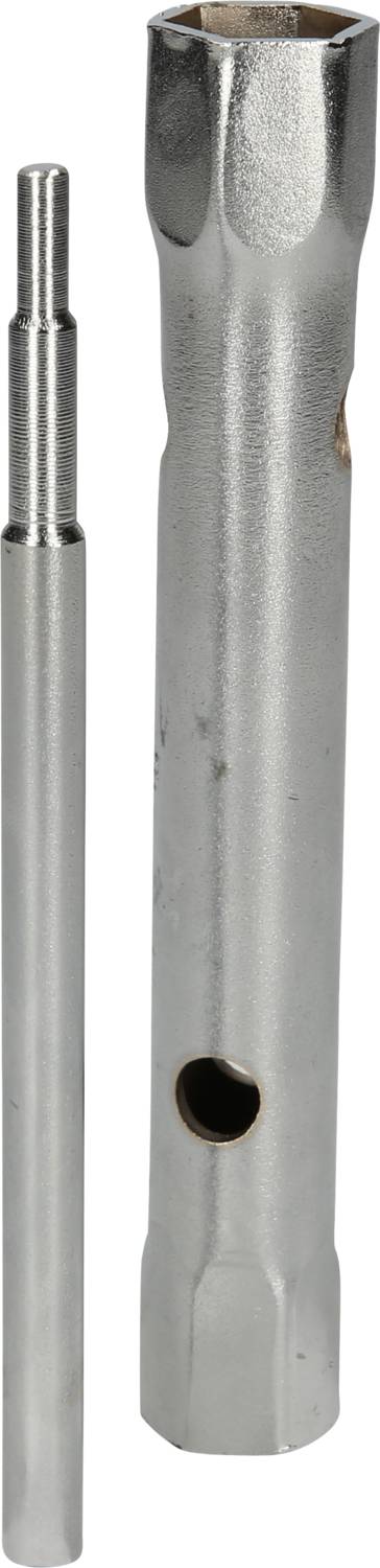 Zwei silberne Werkzeuge aus Metall. Links ein langer Stift mit schmalen Enden, rechts ein breiterer Zylinder mit Loch in der Mitte.