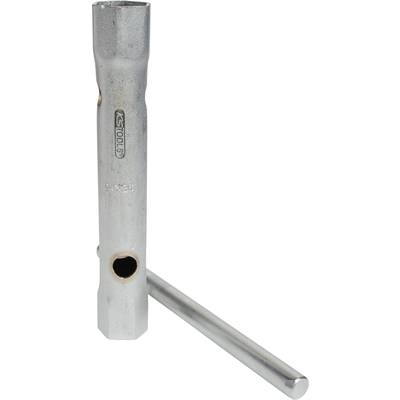 Ein silberner Zündkerzenschlüssel mit einem abnehmbaren Hebelstift, verwendet zum Einbau oder Entfernen von Zündkerzen in Motoren.