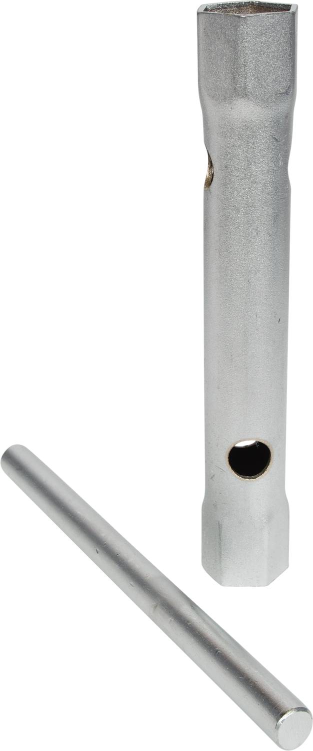 'Zwei silberne Metallwerkzeuge: ein langer, schmaler Stab und ein größerer, röhrenförmiger Schraubenschlüssel mit Öffnungen.'