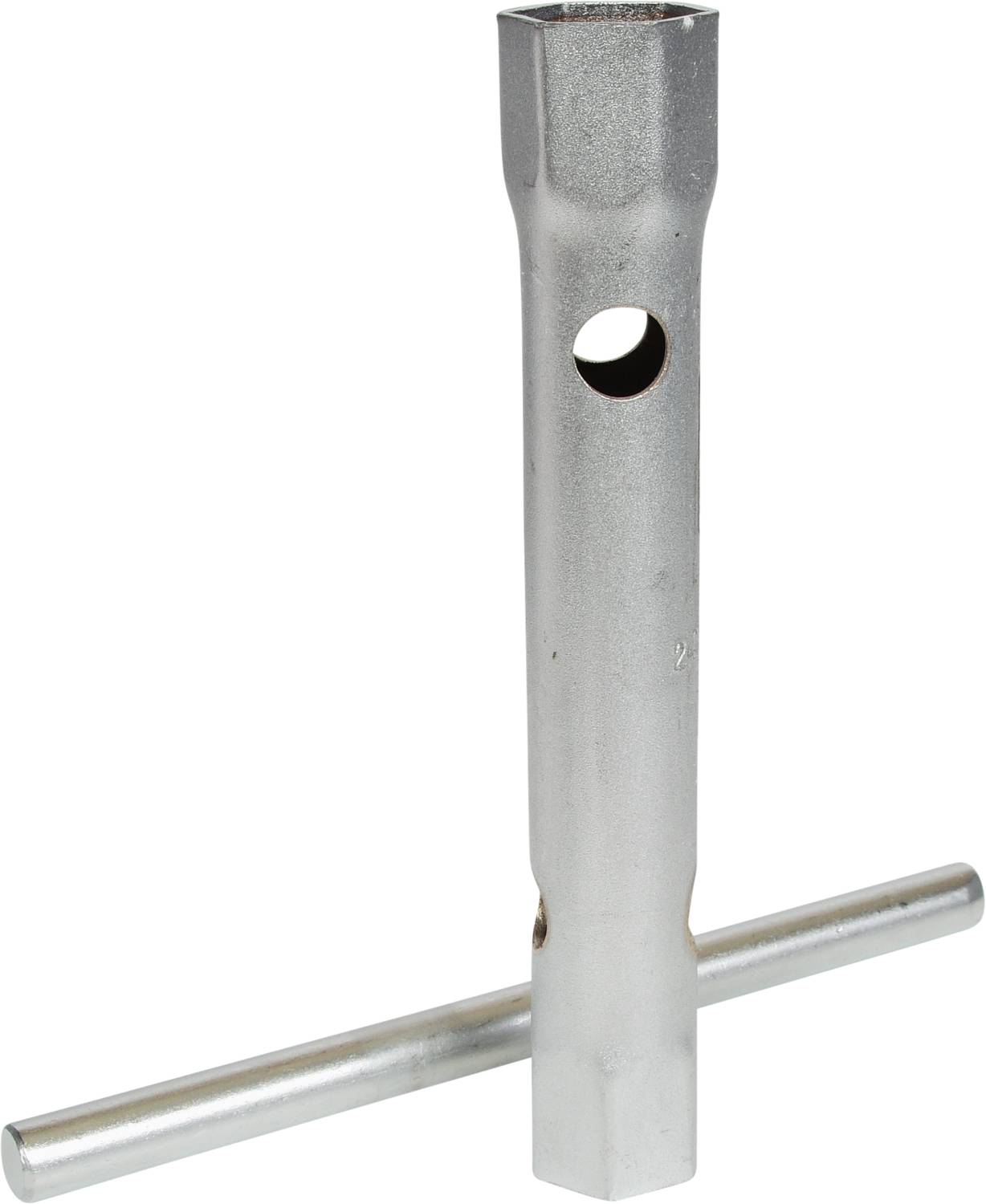 Ein silberner Zündkerzenschlüssel mit T-Griff, geeignet zum Entfernen oder Anziehen von Zündkerzen bei Motorwartungsarbeiten.