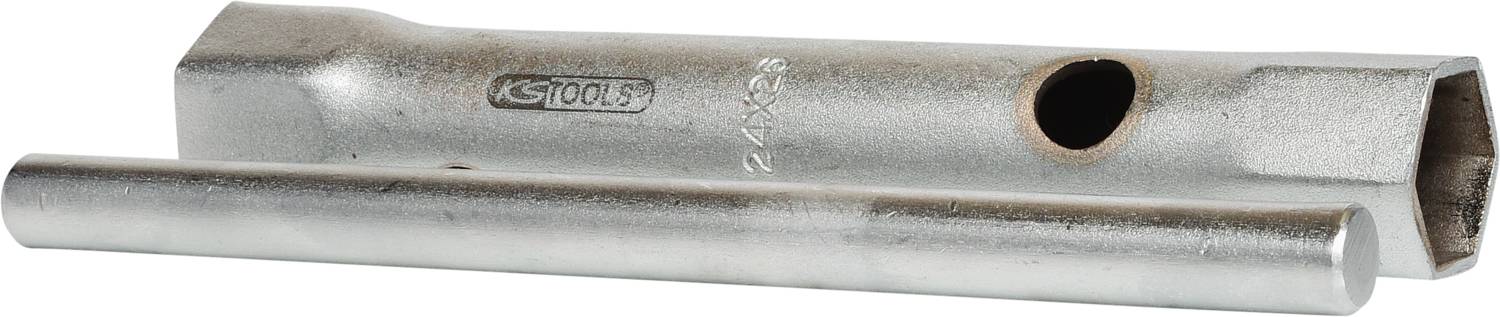 Ein silberner Kerzensteckschlüssel mit integrierter Bohrung und separatem Hebelstift, markiert mit 'SCTools', zur Zündkerzenentfernung.