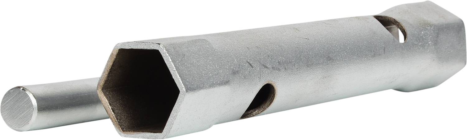 Steckschlüssel aus Metall mit sechseckiger Aufnahme und runden Handgriff. Werkzeug dient zum Anziehen oder Lösen von Schrauben.