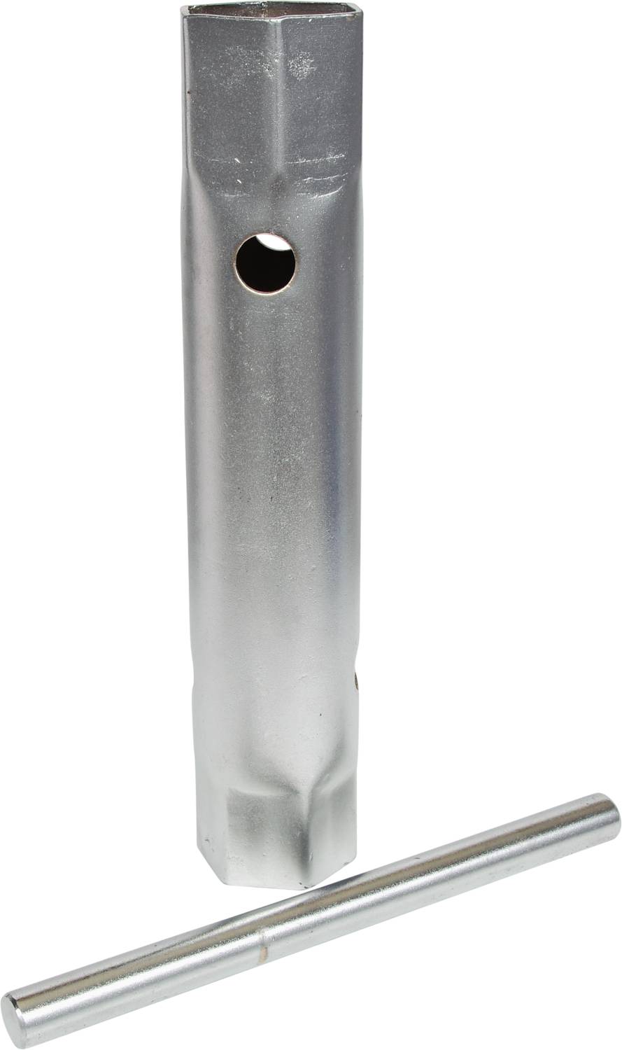 Metallschlüssel mit Loch oben und herausnehmbarer Stange, verwendet oft für Rohrverschraubungen oder Ventile.