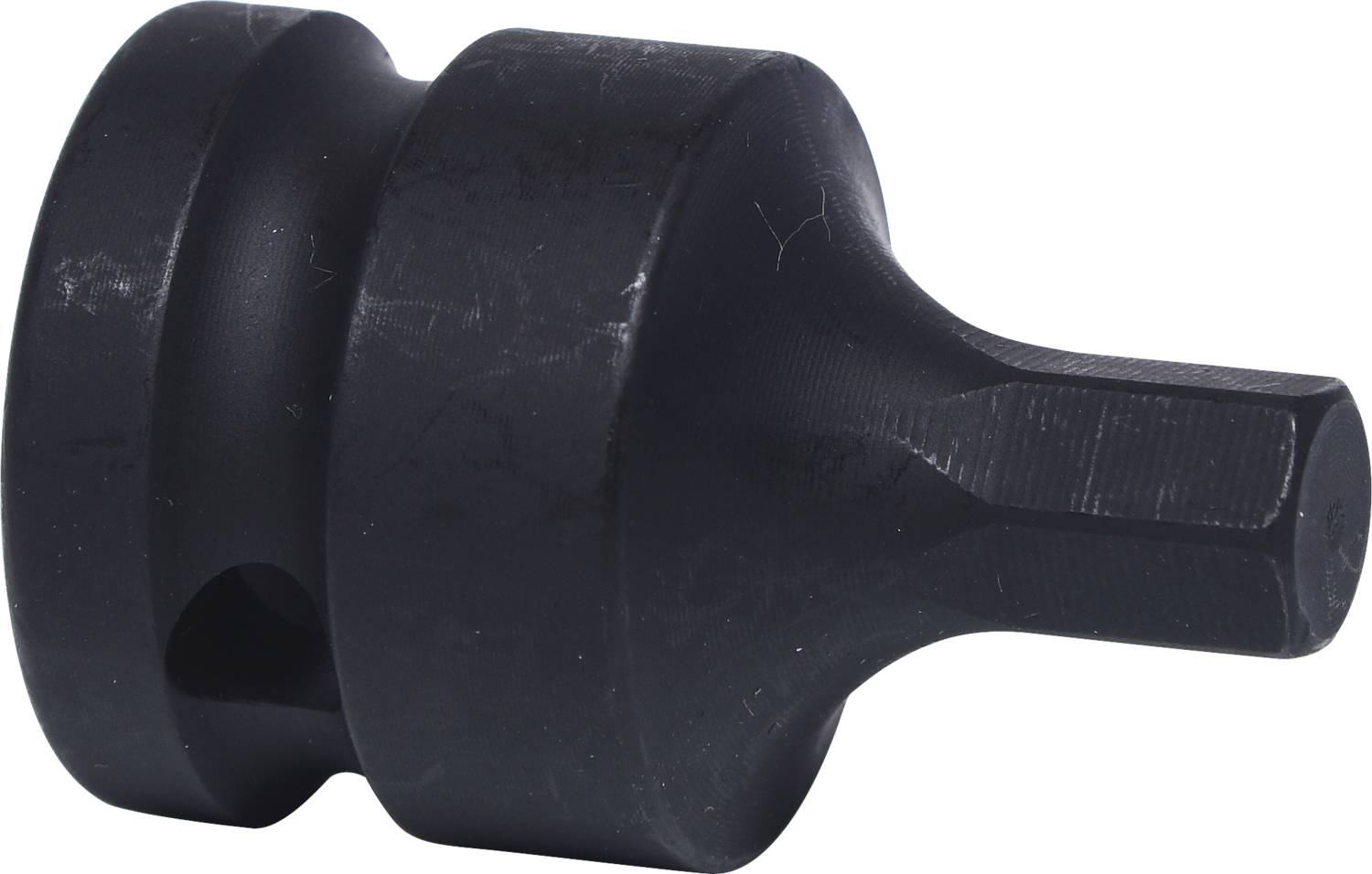 Ein schwarzes Metallwerkzeug mit zylindrischer Form und sechseckigem Ende, das für Drehmomentschlüssel verwendet wird.