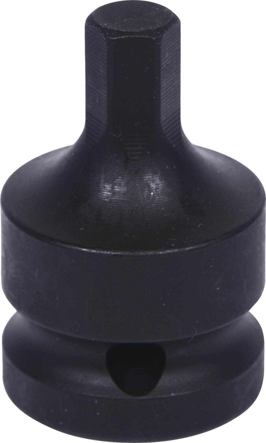 Ein schwarzes, zylindrisches Metallwerkzeug mit sechseckigem Kopf und einer runden Basis, verwendet für mechanische Anwendungen.