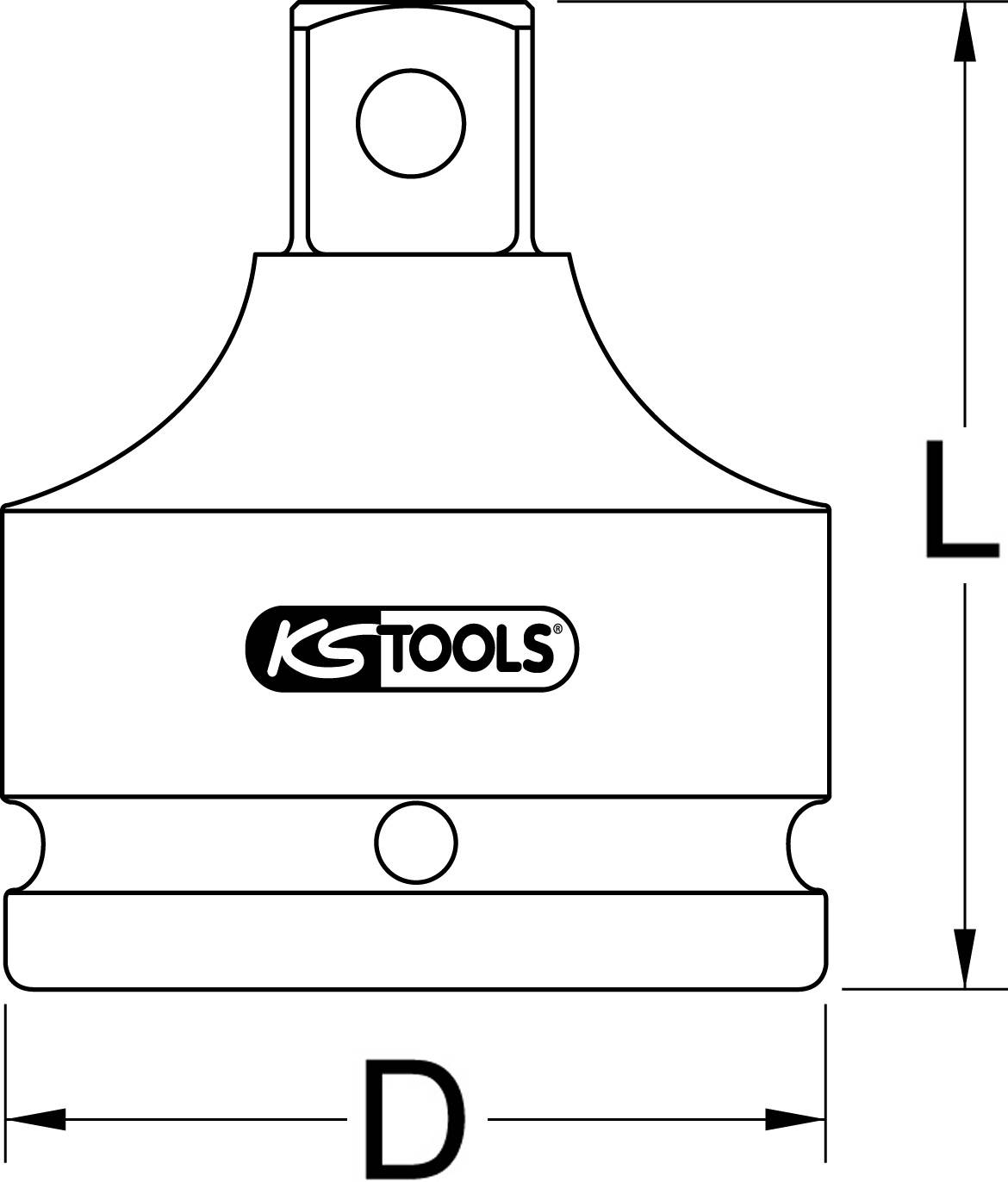Illustration eines Werkzeugadapters mit den Beschriftungen 'L' für Länge und 'D' für Durchmesser, Markenlogo 'KS TOOLS'.