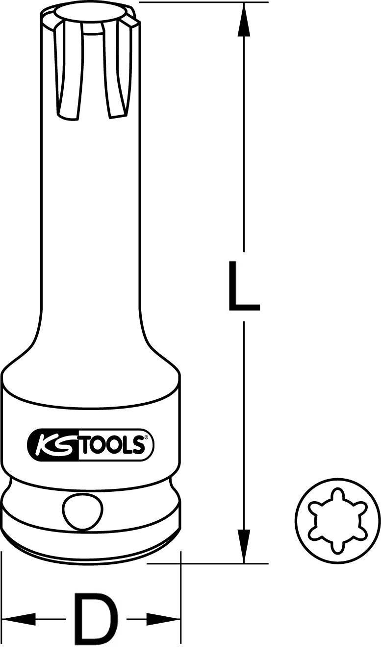 Steckschlüssel für Innen-TORX-Schrauben von KS Tools, mit Maßen L und D.