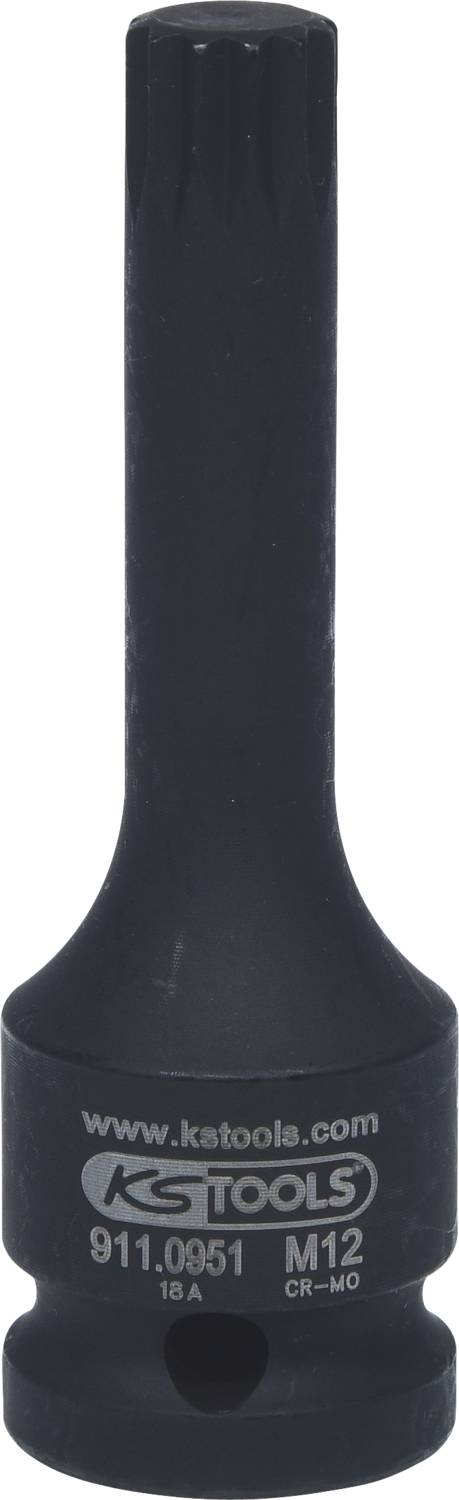 Stecknuss mit Rändelung und M12 Markierung, gefertigt aus schwarzem Metall, verwendet für Kfz- oder mechanische Anwendungen.