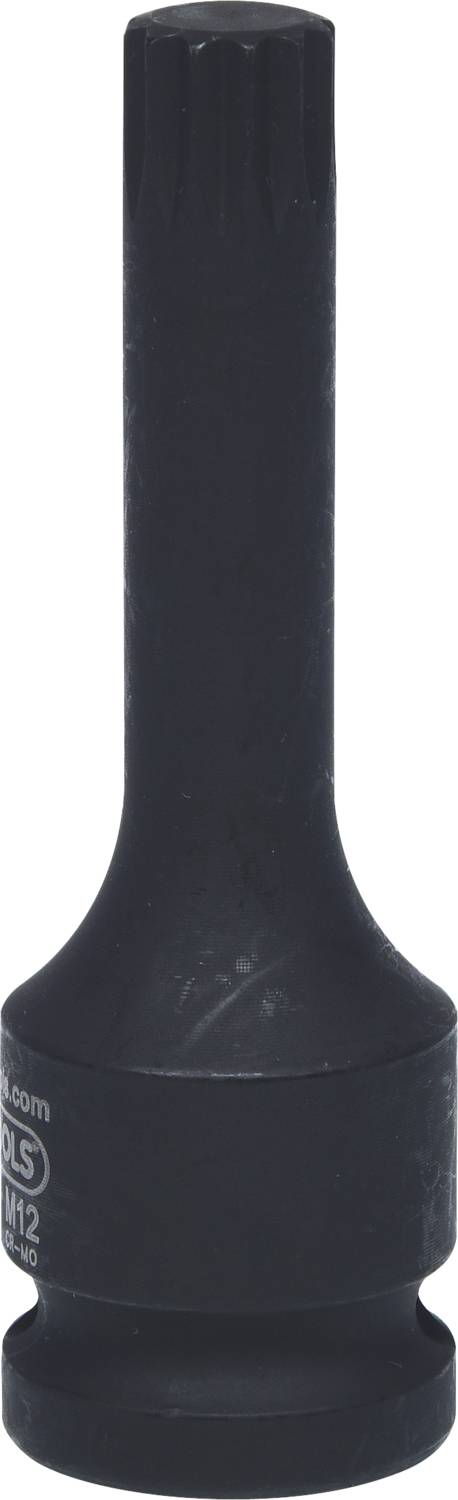 Ein schwarzer Steckschlüsselaufsatz mit geriffeltem Ende und runder Basis. Geeignet für mechanische Arbeiten oder als Werkzeugzubehör.