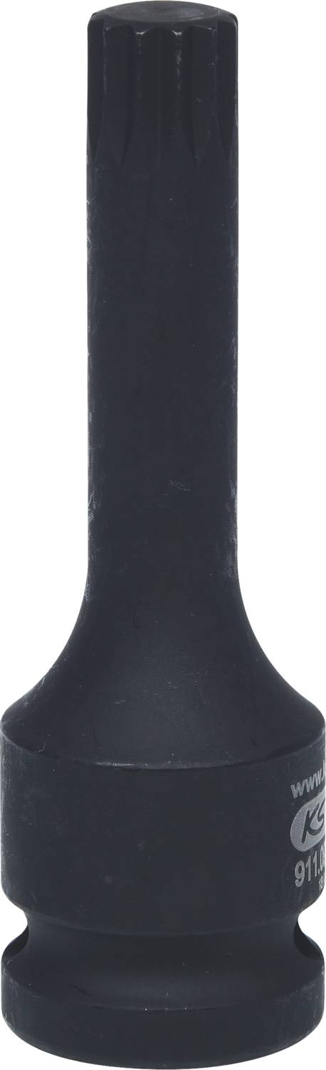 Ein schwarzer Steckschlüsselaufsatz mit langer zylindrischer Form und geriffeltem oberem Ende, geeignet für mechanische Anwendungen.