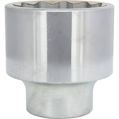 Metallische Stecknuss mit glänzender Oberfläche, beschriftet mit '67 mm'. Geeignet für große Muttern oder Schrauben.