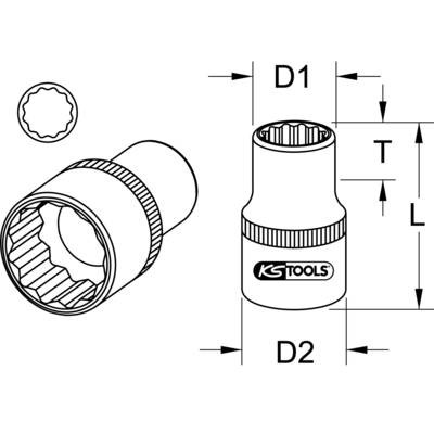 Abbildung zeigt eine Stecknuss mit Maßen D1, D2, T und L, sowie das Logo 'KS Tools'. Diagramm zeigt Vorder-, Seiten- und Draufsicht.