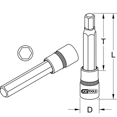 'Schraubendrehereinsatz mit Abmessungen: Durchmesser (D), Gesamtlänge (T), Länge des Schaftes (L). Sechskantform der Spitze.'