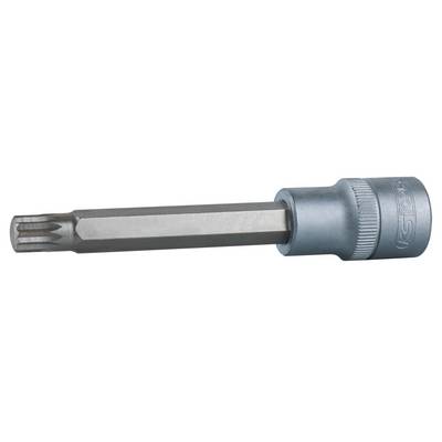 Ein silberner Torx-Bitaufsatz mit sechseckigem Schaft und Rillen am Kopf, geeignet für Schrauben mit Torx-Profil.