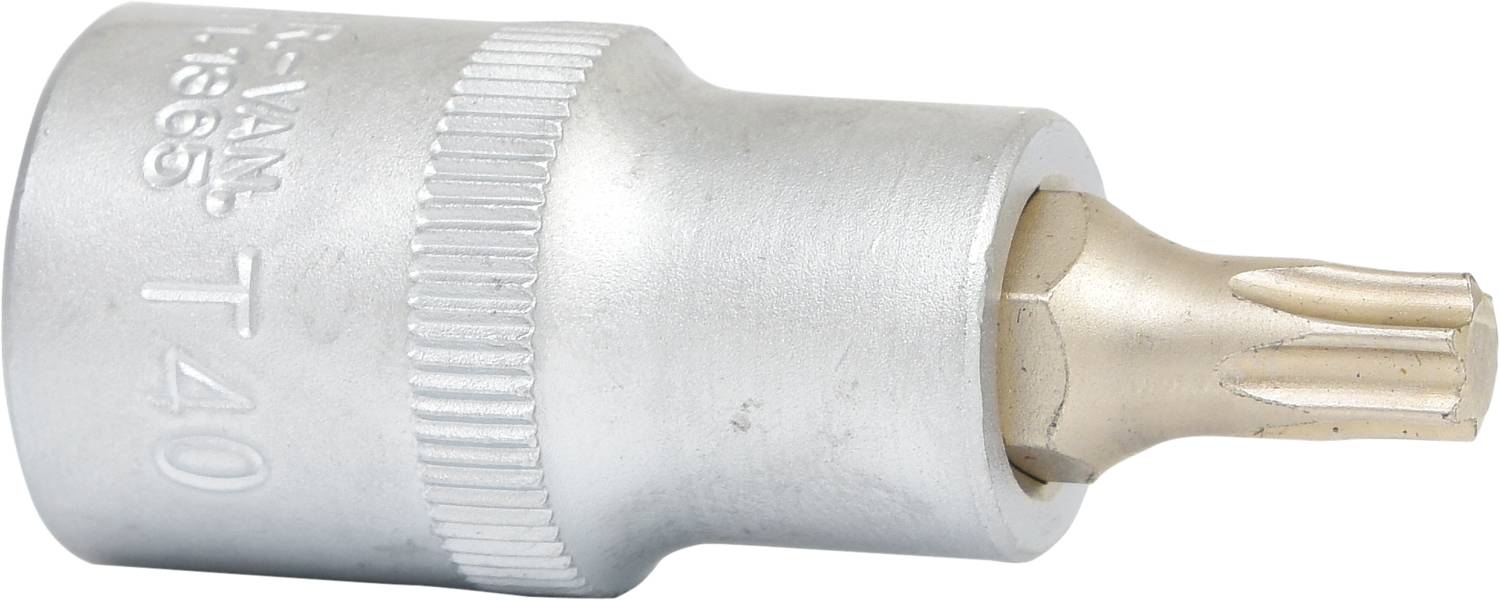 'Silberner Torx-Bit, Größe T40, eingesetzt in eine Stecknuss.'