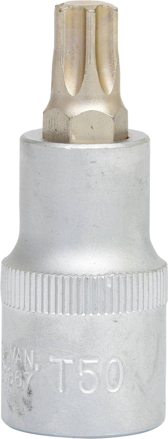 'Silberner Torx-Steckschlüssel, Größe T50, aufrecht stehend.'