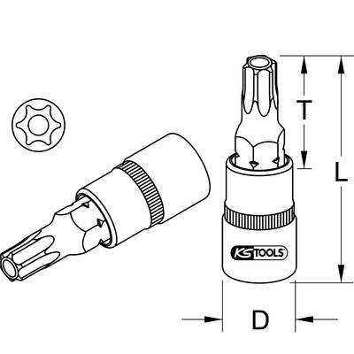 Ein Bit-Schraubendreher von KS Tools mit T10-TORX®-Profil, Außensechskant und 28,5 mm Länge. Verwendet zum Anziehen von Schrauben.
