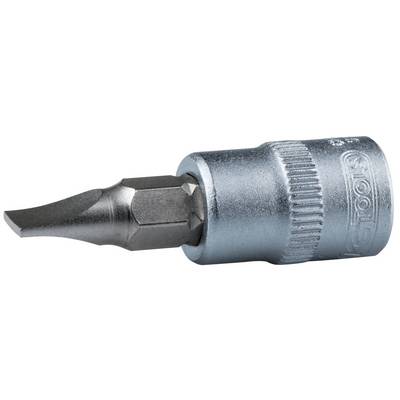 Ein metallischer Schraubendreher-Bit mit flacher Klinge und sechseckigem Schaft, geeignet für Schrauben mit Schlitz.