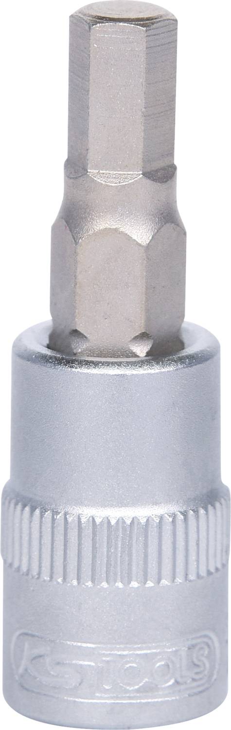 Sechskant-Bit-Einsatz mit silbernem Metallgehäuse, verwendet für das Anziehen oder Lösen von Schrauben mit einem Schlüssel.