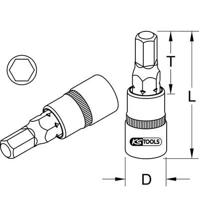 Technische Zeichnung eines Steckschlüssel-Einsatzes mit Details zu Größe und Form. Oben rechts sind die Maße L und D angegeben.