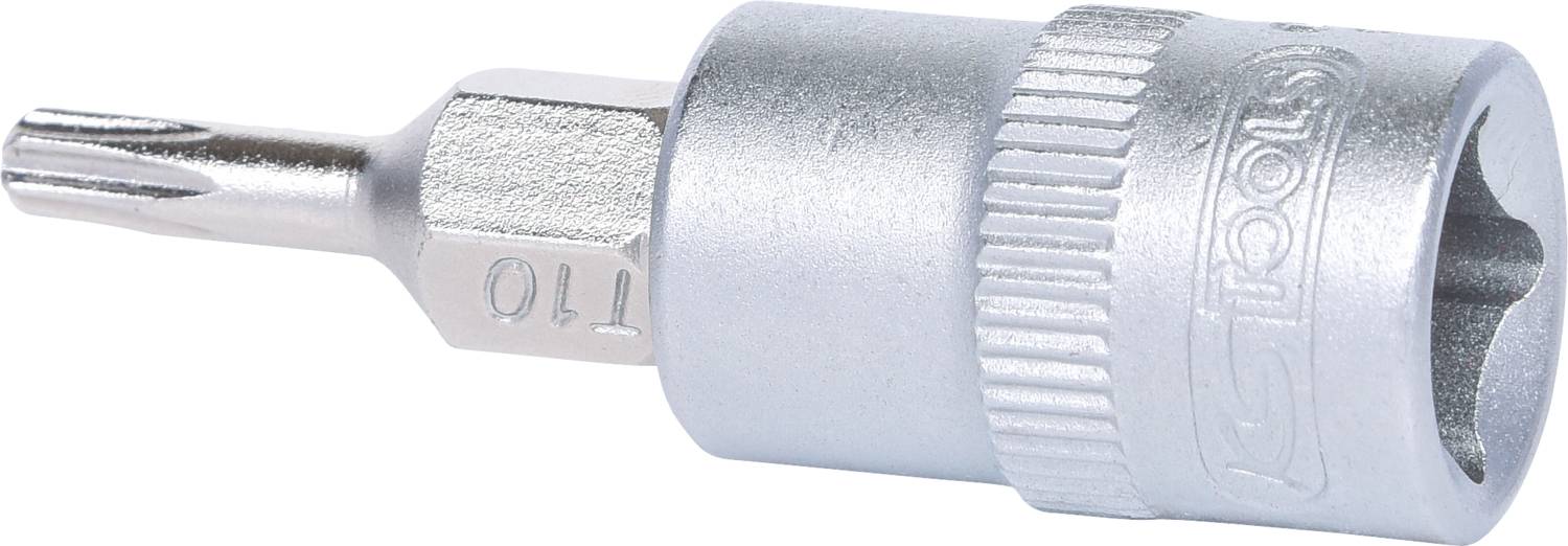 Ein silberner Torx-Schraubendreheraufsatz der Größe T10 liegt seitlich. Das Metallgehäuse ist glänzend und zeigt Logo-Prägung.