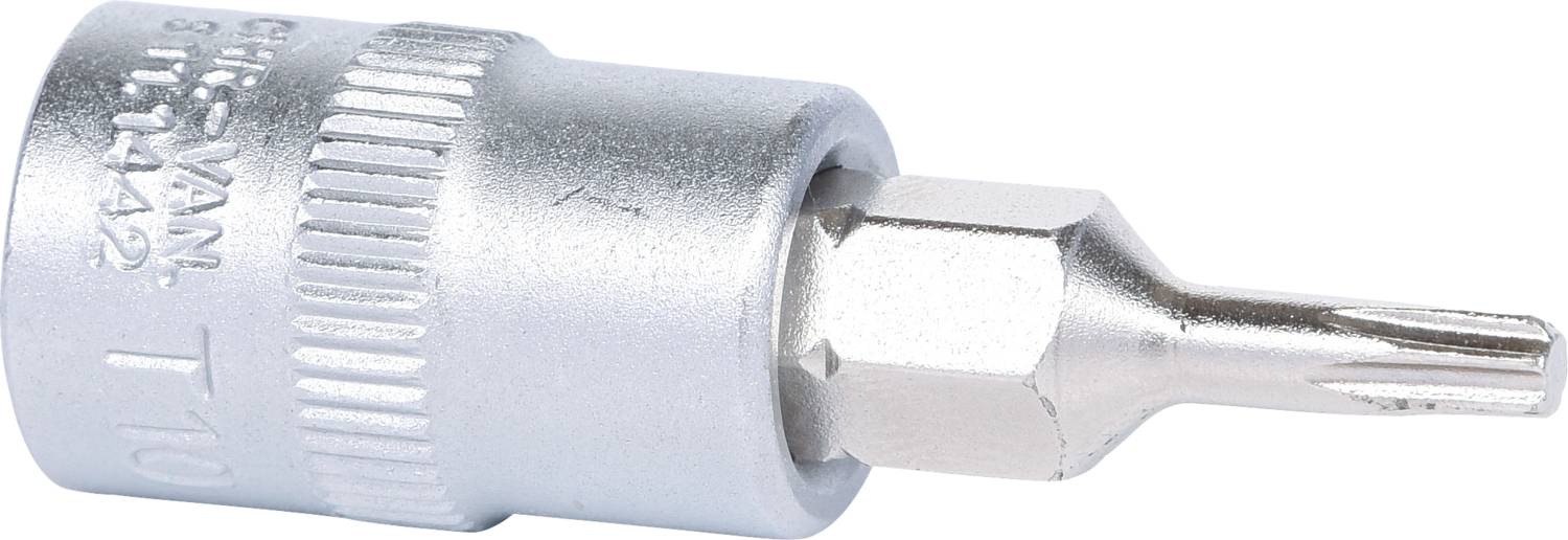 Ein silberner Torx-Bitaufsatz der Größe T10, geeignet für Handwerksarbeiten und zum Festziehen von Schrauben.