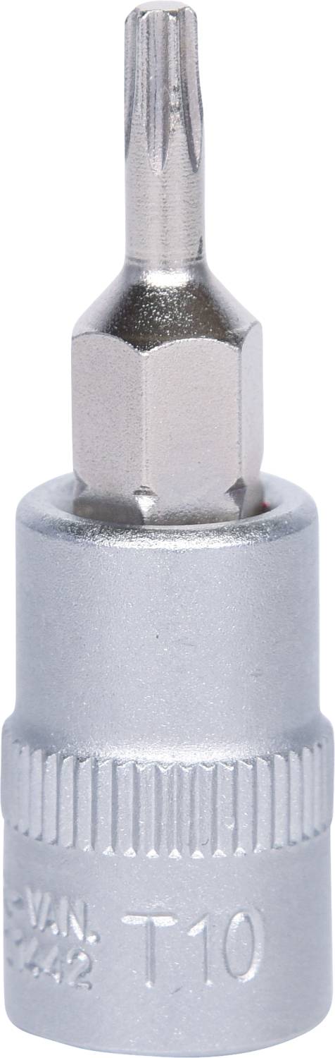 Ein silberner T10-Torx-Schraubendreher-Bitaufsatz aus Metall für Schrauben mit sternförmigem Kopf.