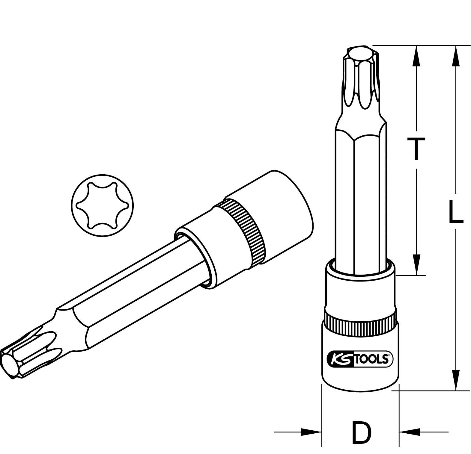 Abbildung eines Torx-Steckschlüssels von KS Tools mit Vermaßungen: Länge (L) und Durchmesser (D). Werkzeug für Schraubarbeiten.