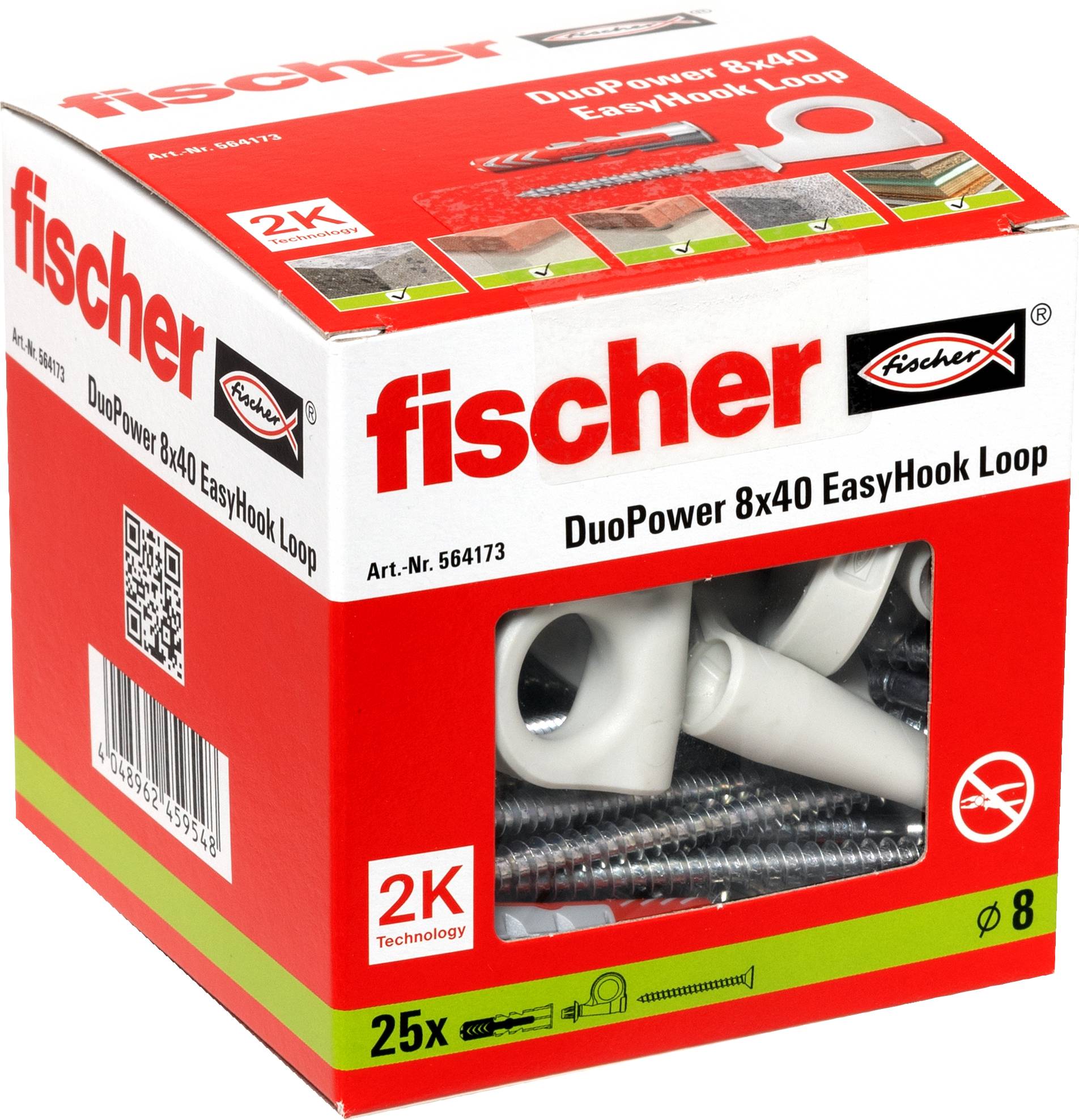 Karton mit „fischer DuoPower 8x40 EasyHook Loop" mit 25 Stück im Inneren, auf dem Verpackung Produktdetails und Bilder von Haken angezeigt werden.