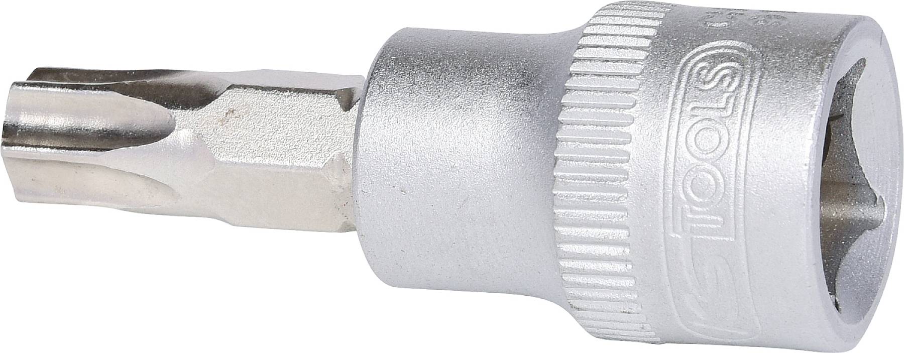Eine silberne Torx-Bit-Nuss, die für Schraubarbeiten verwendet wird. Sie hat eine sechszackige Form und einen geriffelten Griff.