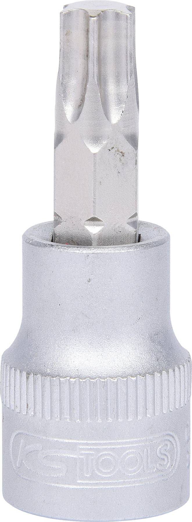Ein silberner Bitaufsatz mit einem gezackten Torx-Profil. Geeignet für mechanische Arbeiten oder Reparaturen an Fahrzeugen und Maschinen.