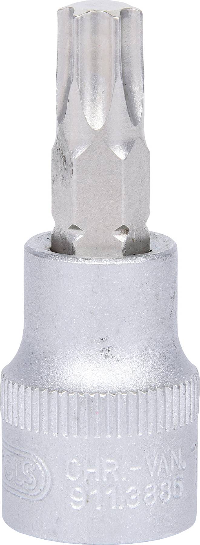 'Silverner Torx-Bitaufsatz, achteckig, geriffelt für besseren Halt, von CHR-VAN 911.9885, für passende Schraubenschlüssel.'