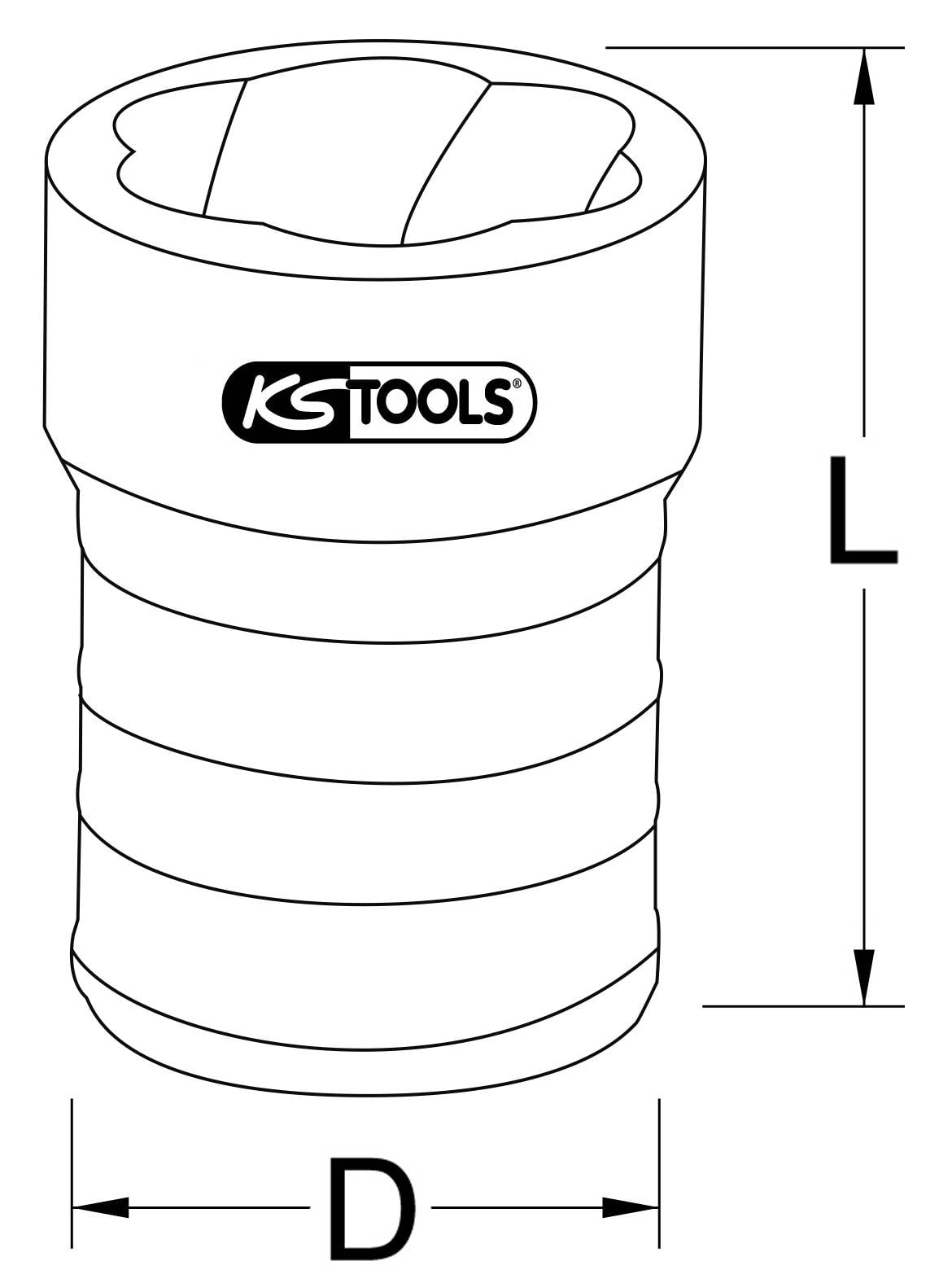 Ein zylindrischer Steckschlüsseleinsatz mit dem Logo 'KS Tools', dargestellt mit den Maßen Länge (L) und Durchmesser (D).