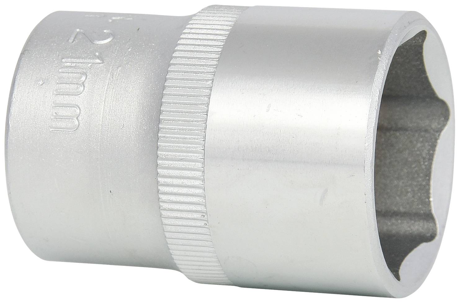 Steckschlüsseleinsatz aus silbernem Metall, 12 mm, mit geriffeltem Griffbereich für besseren Halt, oft in Werkstätten genutzt.