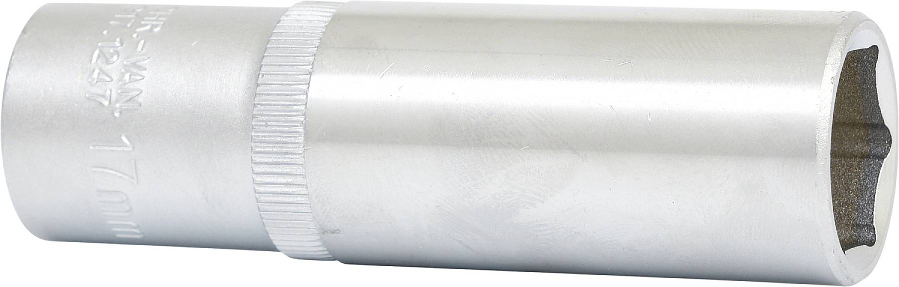 Metallische Stecknuss mit 17 mm Größe, zylindrische Form und gerändeltem Griffbereich, verwendet für Schraubarbeiten.