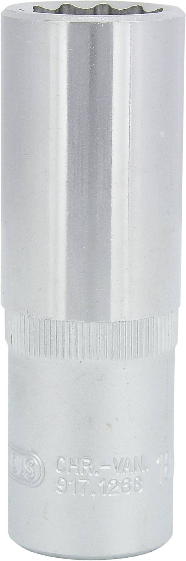 'Steckschlüssel-Einsatz aus Chrom-Vanadium-Stahl, zylindrische Form, gerändelte Grifffläche oben.'