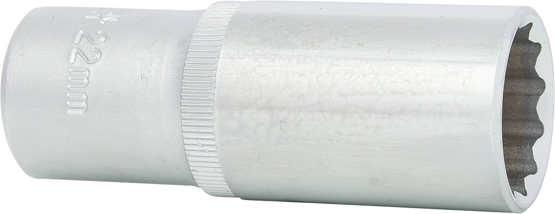 Metall-Steckschlüssel mit 22 mm Beschriftung. Zylindrische Form, gerändelte Griffseite zur besseren Handhabung.