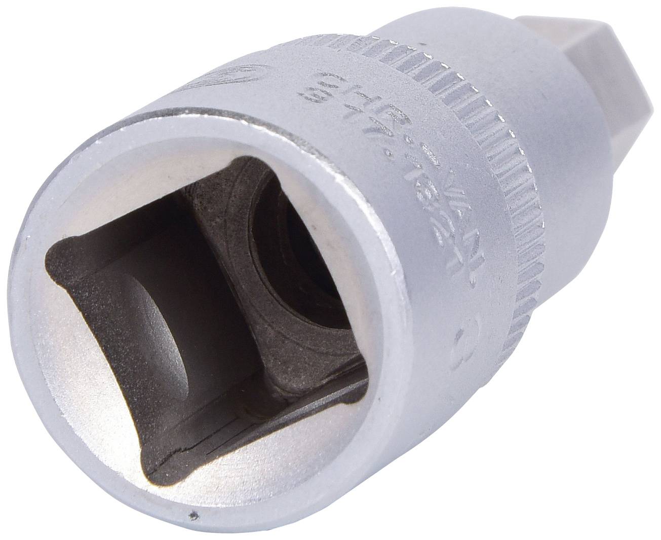 Ein Sechskant-Bit-Aufsatz aus Metall für Schraubenschlüssel, gezeigt in Nahaufnahme.