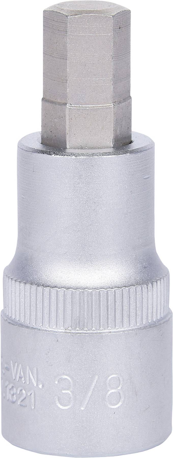 Silberfarbene Stecknuss mit sechseckigem Aufsatz, geeignet für 3/8 Zoll-Befestigungen. Hauptsächlich zum Festziehen von Schrauben verwendet.